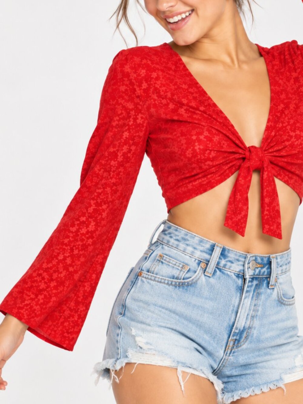 Wild Fable Red Floral Tie Front Crop Top Size Large